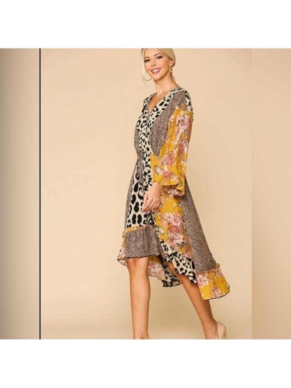 Gigio Animal and Floral Print High-Low Midi Dress S